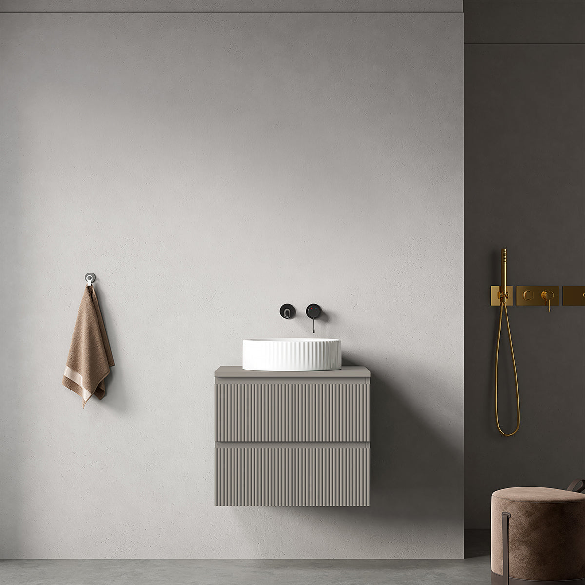 Mobile bagno sospeso cannettato 60 cm Grigio Cenere per Lavabo d'appoggio Senza Specchio - Fiji Paint Top Canneté