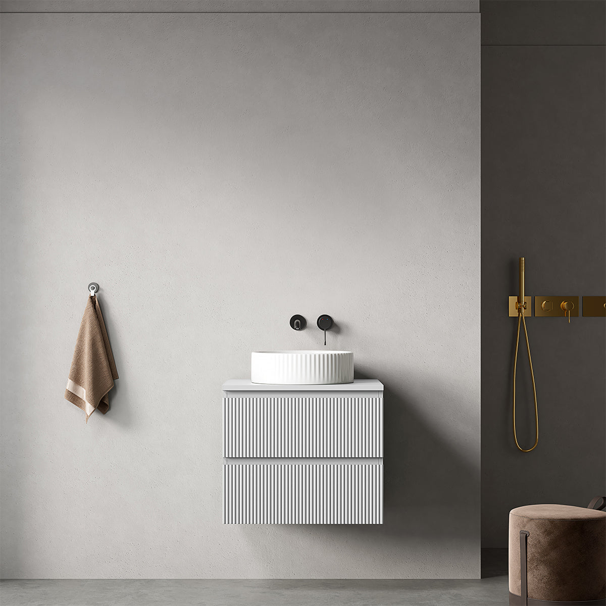 Mobile bagno sospeso cannettato 60 cm Bianco Opaco per Lavabo d'appoggio Senza Specchio - Fiji Paint Top Canneté