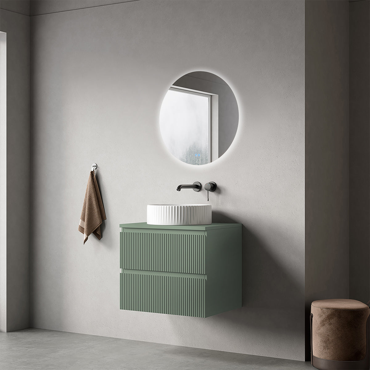 Mobile bagno sospeso cannettato 60 cm Verde Salvia per Lavabo d'appoggio Specchio Tondo Retroilluminato - Fiji Paint Top Canneté