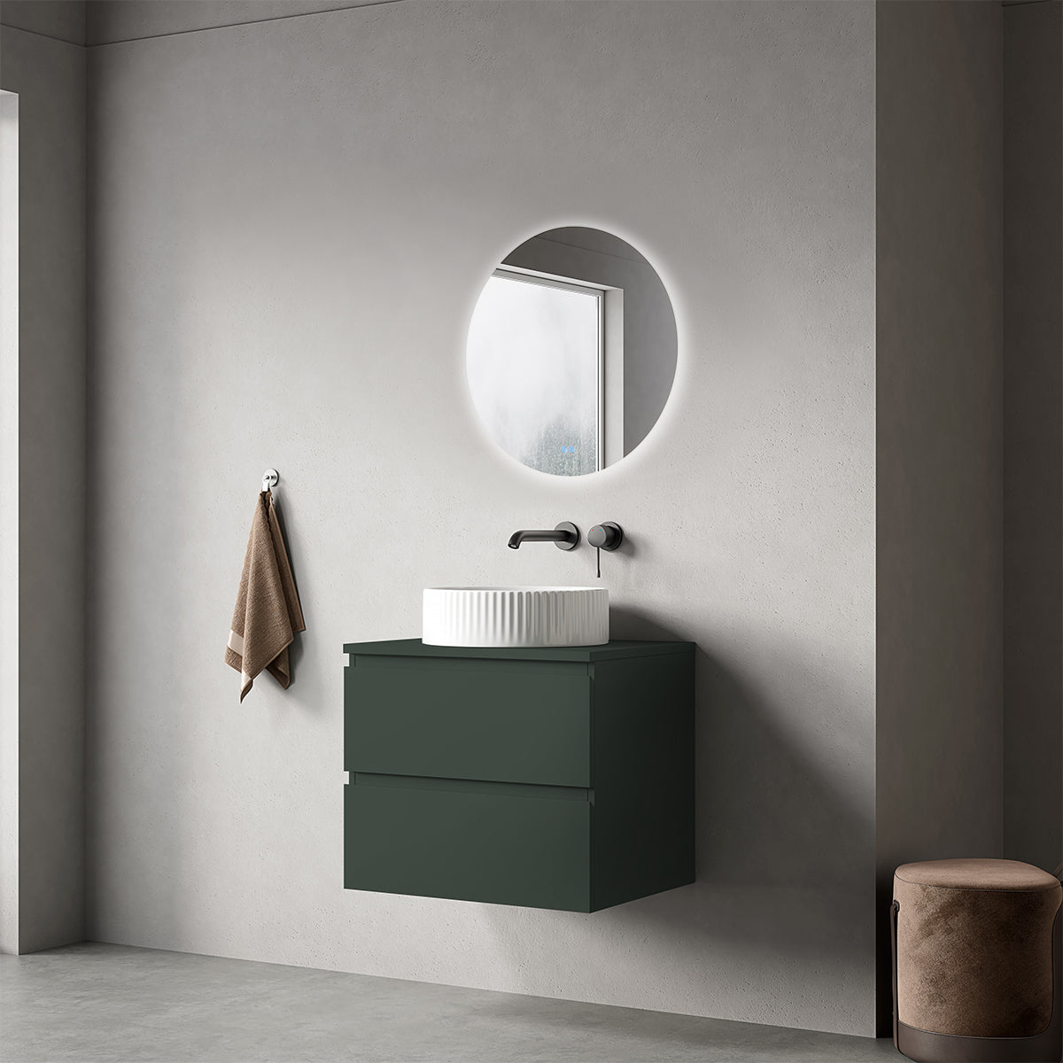 Mobile bagno sospeso 60 cm Verde Comodoro per Lavabo d'appoggio Specchio Tondo Retroilluminato - Fiji Paint Top