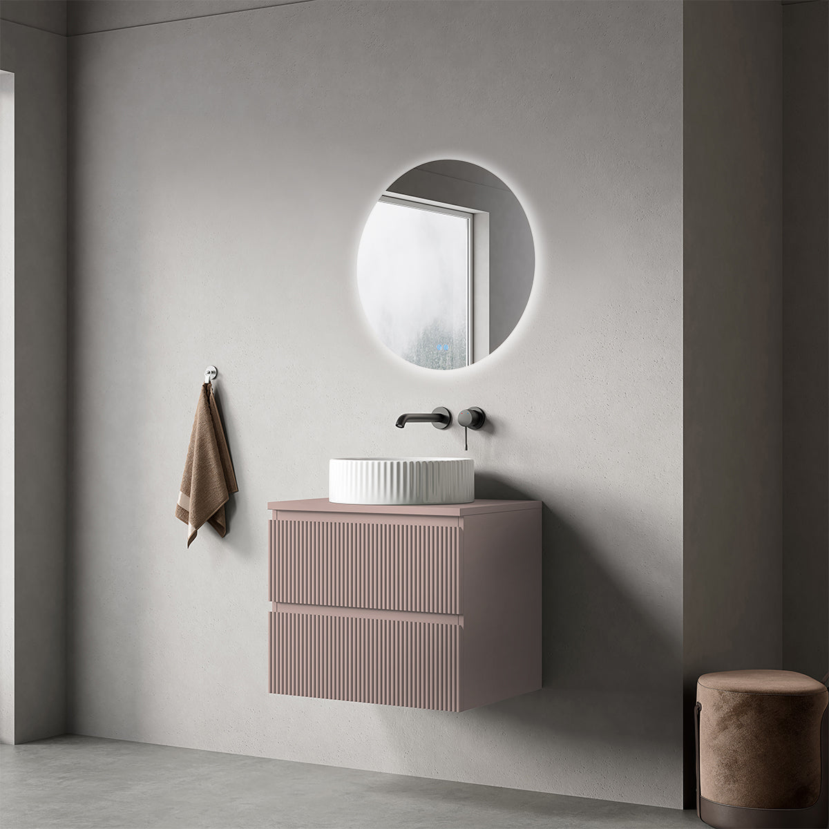 Mobile bagno sospeso cannettato 60 cm Rosa Retrò per Lavabo d'appoggio Specchio Tondo - Fiji Paint Top Canneté