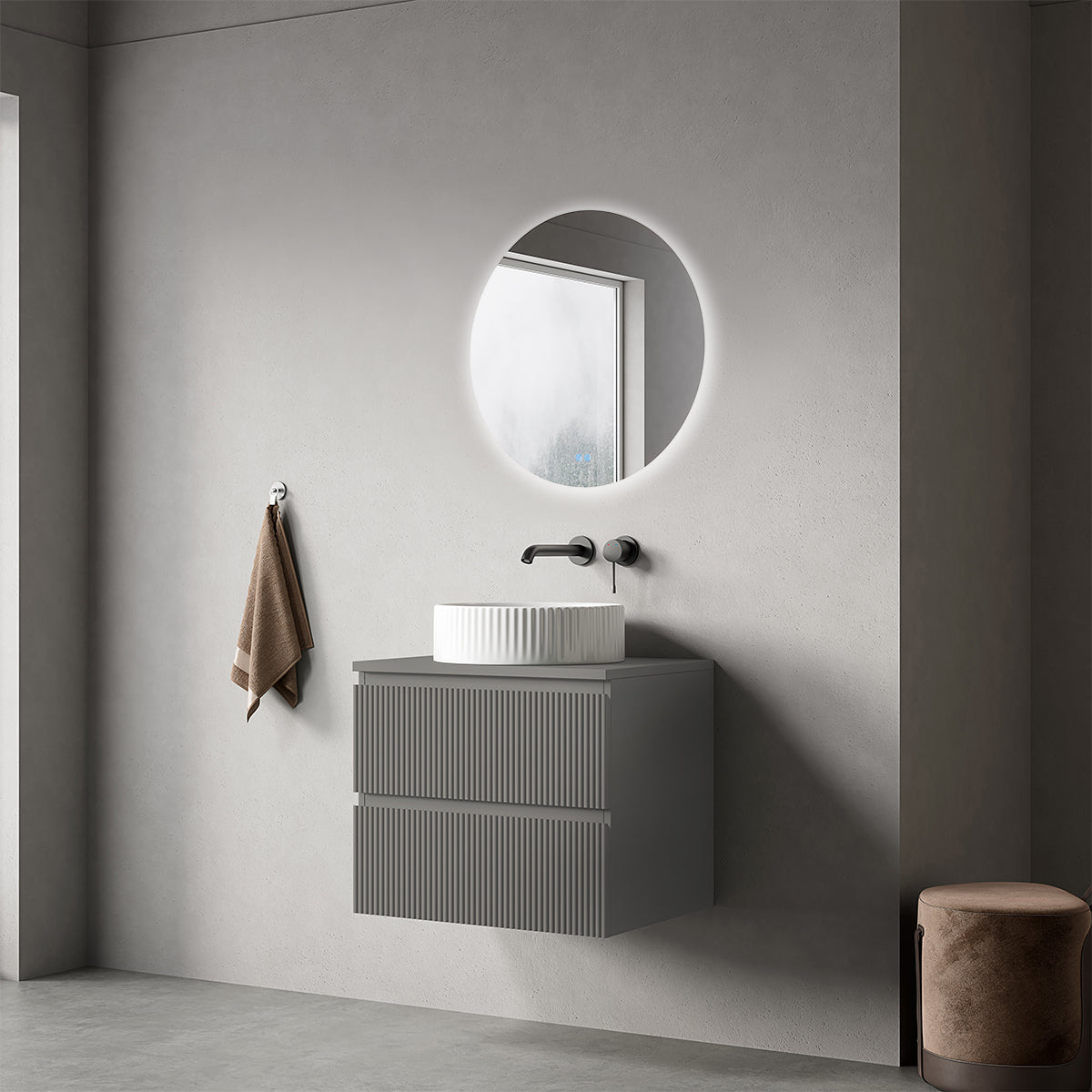 Mobile bagno sospeso cannettato 60 cm Grigio Londra per Lavabo d'appoggio Specchio Tondo - Fiji Paint Top Canneté