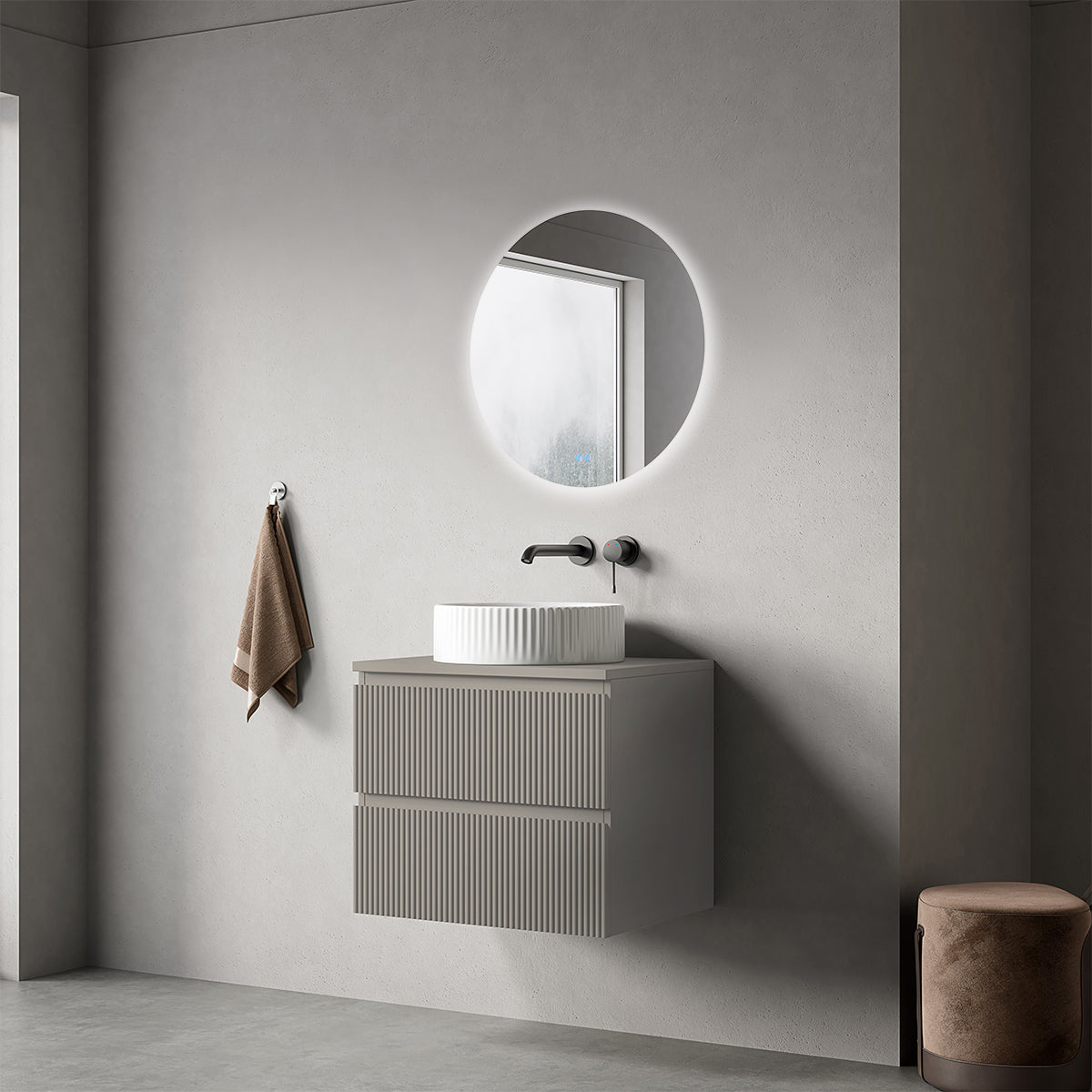 Mobile bagno sospeso cannettato 60 cm Grigio Cenere per Lavabo d'appoggio Specchio Tondo - Fiji Paint Top Canneté