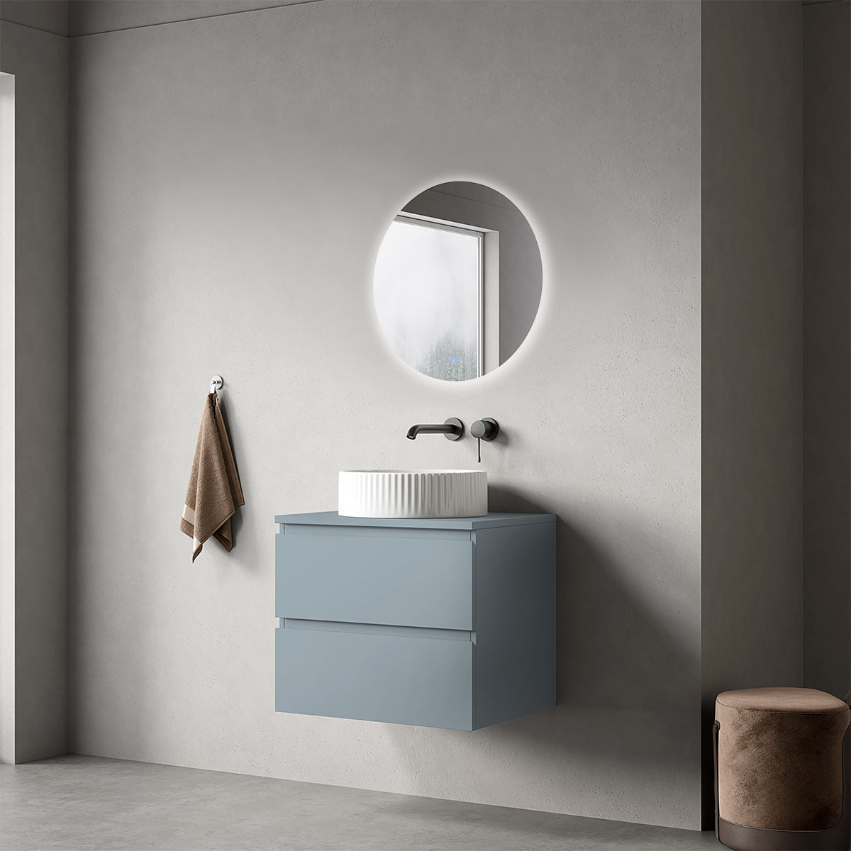 Mobile bagno sospeso 60 cm Blu Avio per Lavabo d'appoggio Specchio Tondo Retroilluminato - Fiji Paint Top