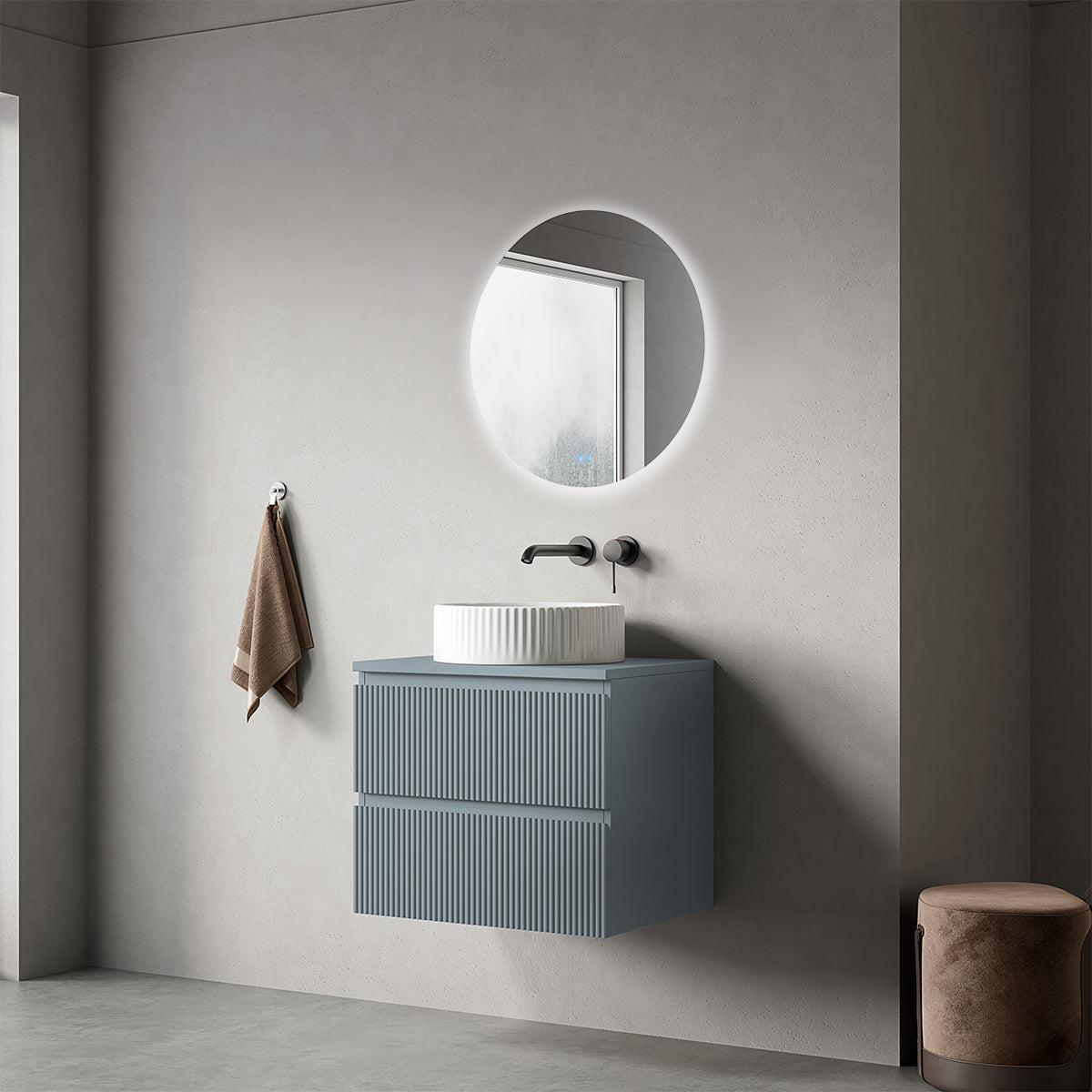 Mobile bagno sospeso cannettato 60 cm Blu Avio per Lavabo d'appoggio Specchio Tondo Retroilluminato - Fiji Paint Top Canneté