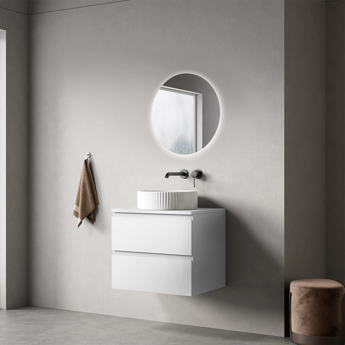 Mobile bagno sospeso 60 cm Bianco Opaco per Lavabo d'appoggio Specchio Tondo Retroilluminato - Fiji Paint Top