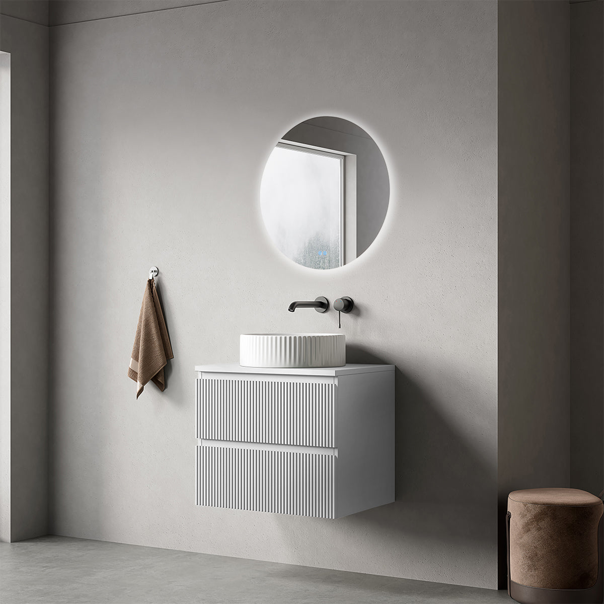 Mobile bagno sospeso cannettato 60 cm Bianco Opaco per Lavabo d'appoggio Specchio Tondo - Fiji Paint Top Canneté