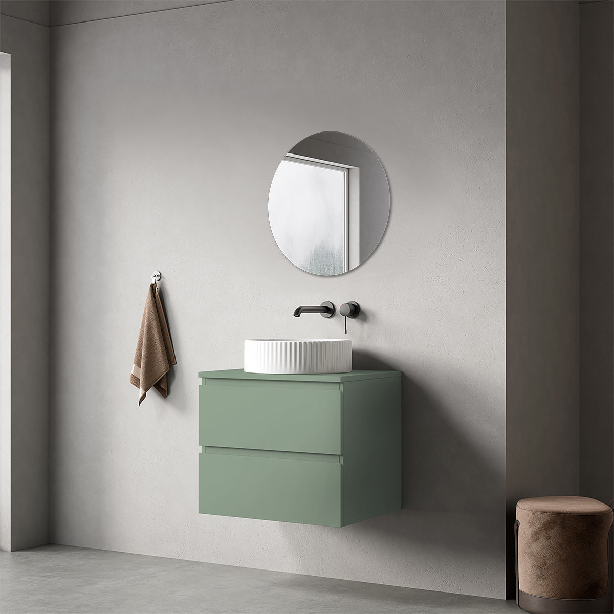 Mobile bagno sospeso 60 cm Verde Salvia per Lavabo d'appoggio Specchio Tondo - Fiji Paint Top