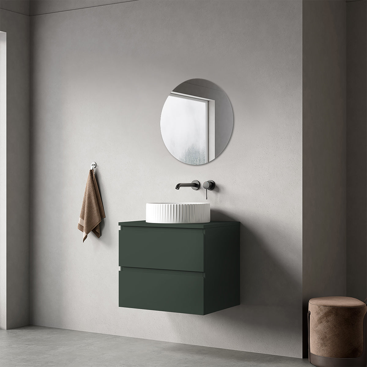 Mobile bagno sospeso 60 cm Verde Comodoro per Lavabo d'appoggio Specchio Tondo - Fiji Paint Top