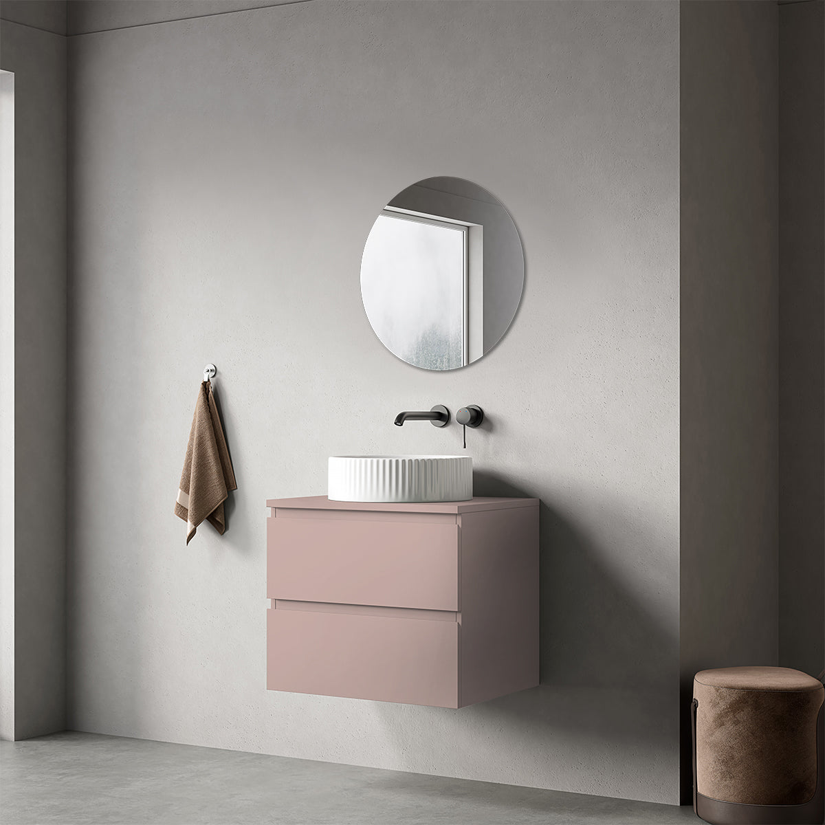 Mobile bagno sospeso 60 cm Rosa Retrò per Lavabo d'appoggio Specchio Tondo - Fiji Paint Top
