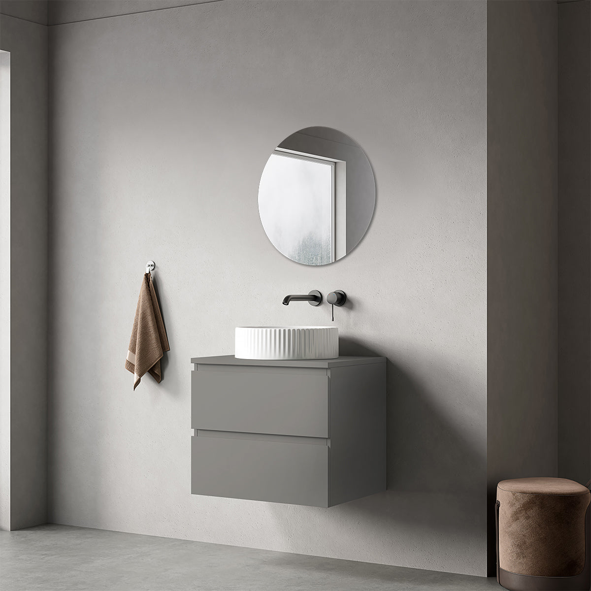 Mobile bagno sospeso 60 cm Grigio Londra per Lavabo d'appoggio Specchio Tondo - Fiji Paint Top