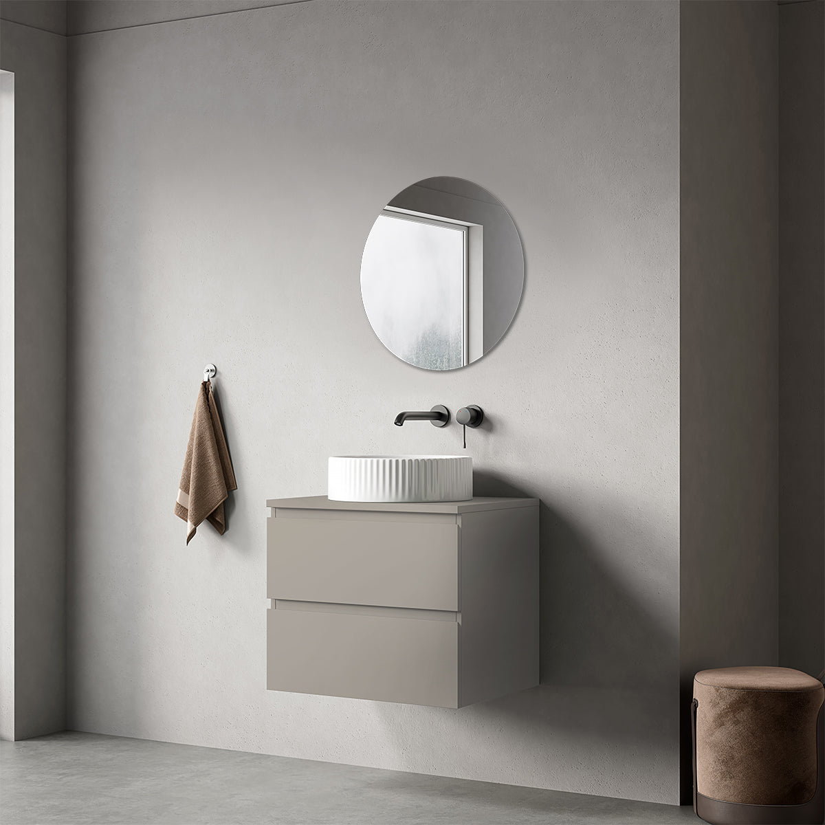 Mobile bagno sospeso 60 cm Grigio Cenere per Lavabo d'appoggio Specchio Tondo - Fiji Paint Top