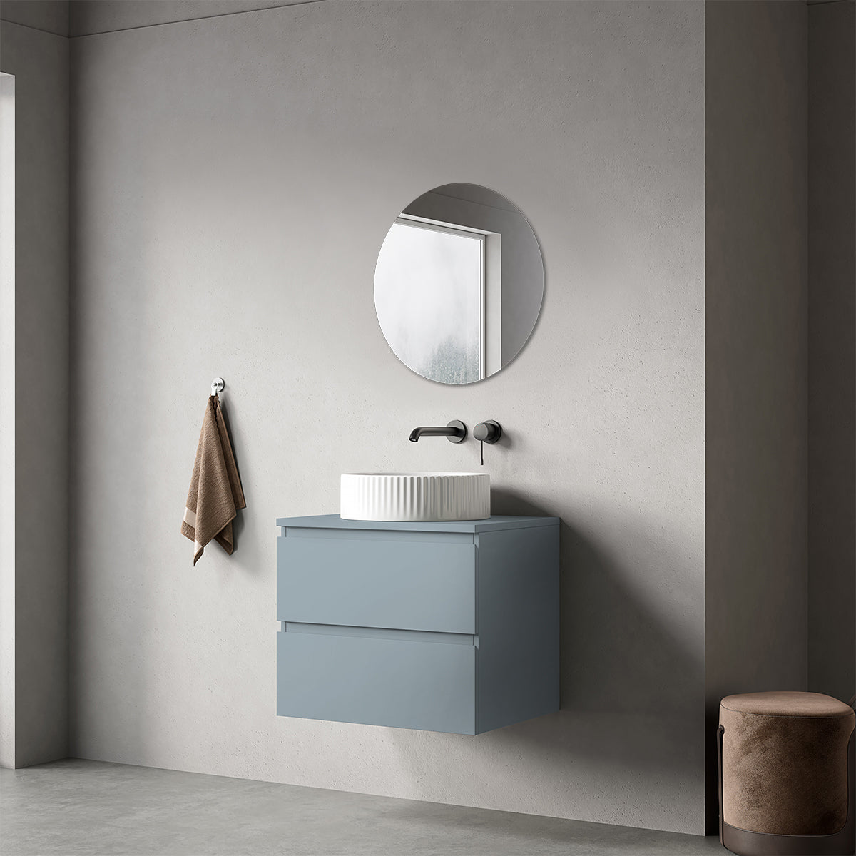 Mobile bagno sospeso 60 cm Blu Avio per Lavabo d'appoggio Specchio Tondo - Fiji Paint Top