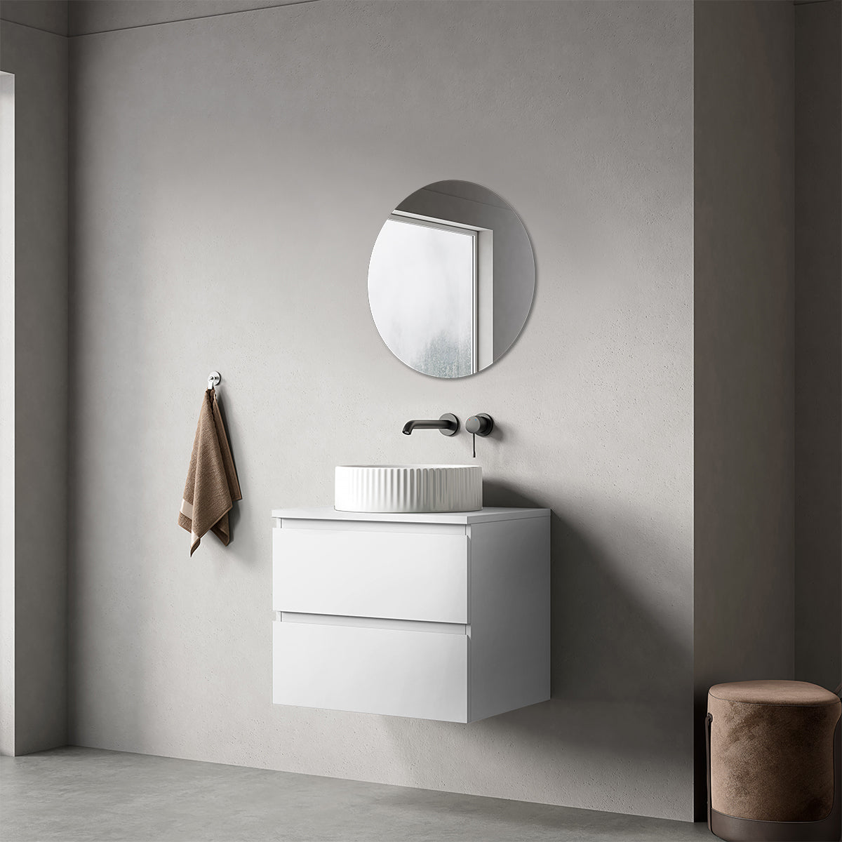 Mobile bagno sospeso 60 cm Bianco Opaco per Lavabo d'appoggio Specchio Tondo - Fiji Paint Top