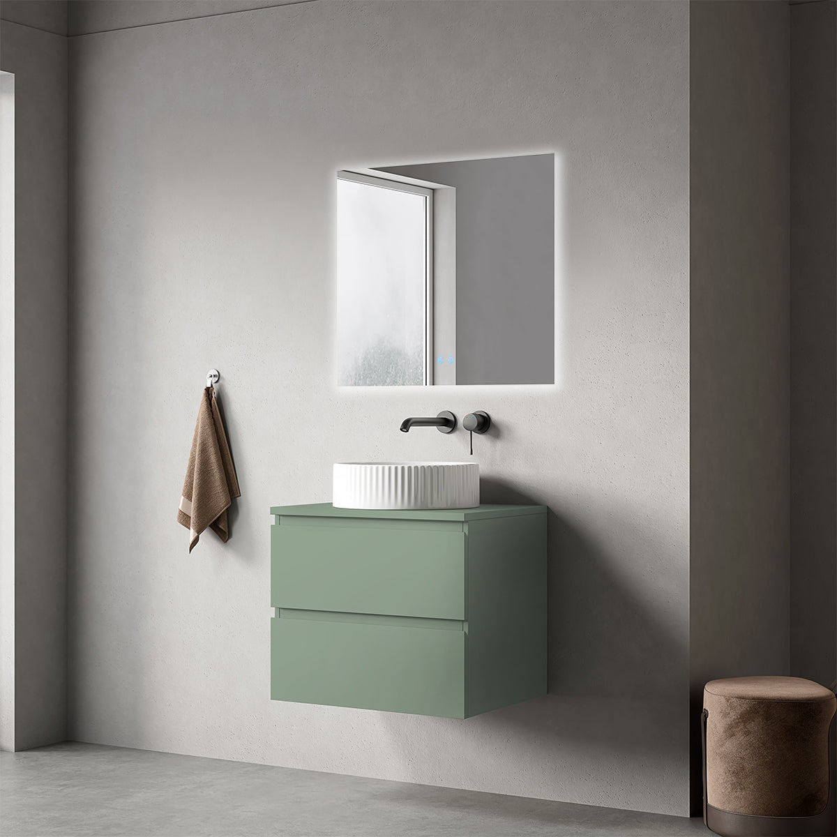 Mobile bagno sospeso 60 cm Verde Salvia per Lavabo d'appoggio Specchio Quadro Retroilluminato - Fiji Paint Top