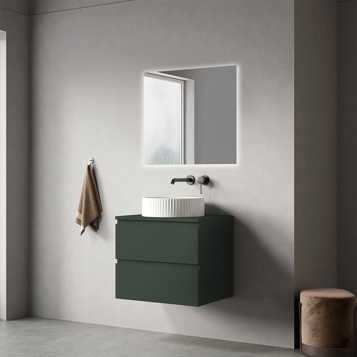 Mobile bagno sospeso 60 cm Verde Comodoro per Lavabo d'appoggio Specchio Quadro Retroilluminato - Fiji Paint Top