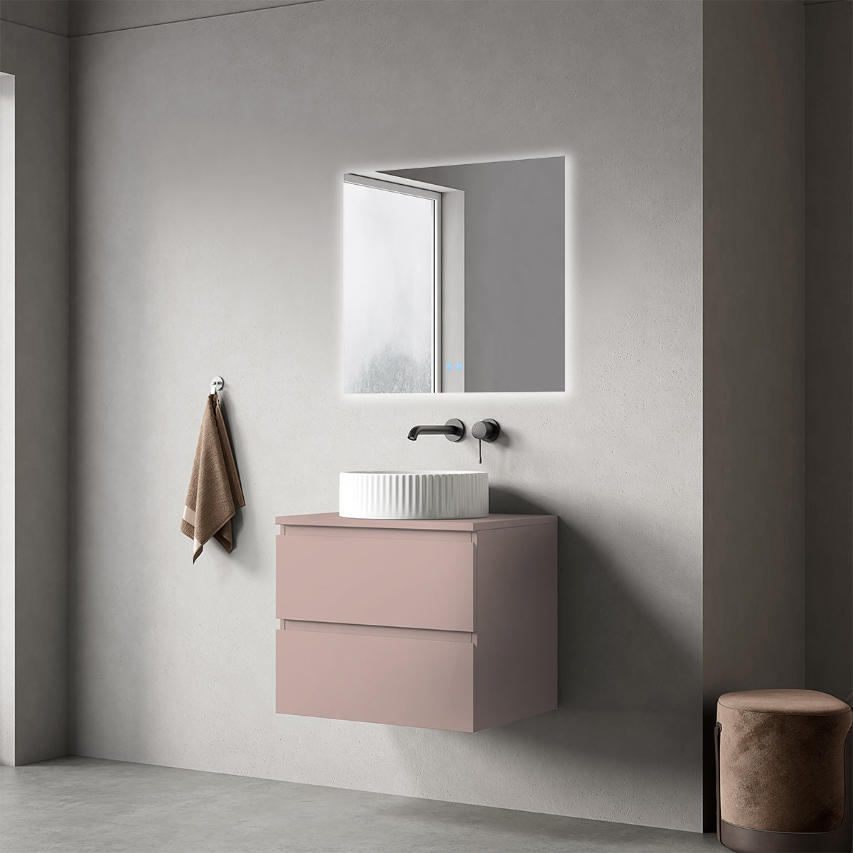 Mobile bagno sospeso 60 cm Rosa Retrò per Lavabo d'appoggio Specchio Quadro Retroilluminato - Fiji Paint Top
