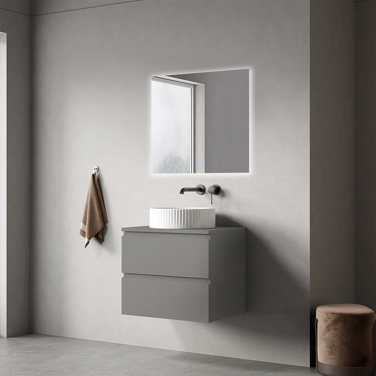 Mobile bagno sospeso 60 cm Grigio Londra per Lavabo d'appoggio Specchio Quadro Retroilluminato - Fiji Paint Top
