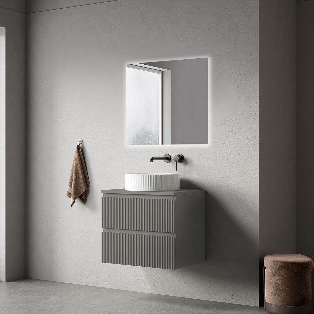 Mobile bagno sospeso cannettato 60 cm Grigio Londra per Lavabo d'appoggio Specchio Quadro Retroilluminato - Fiji Paint Top Canneté