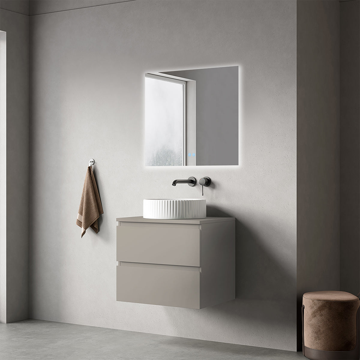 Mobile bagno sospeso 60 cm Grigio Cenere per Lavabo d'appoggio Specchio Quadro Retroilluminato - Fiji Paint Top