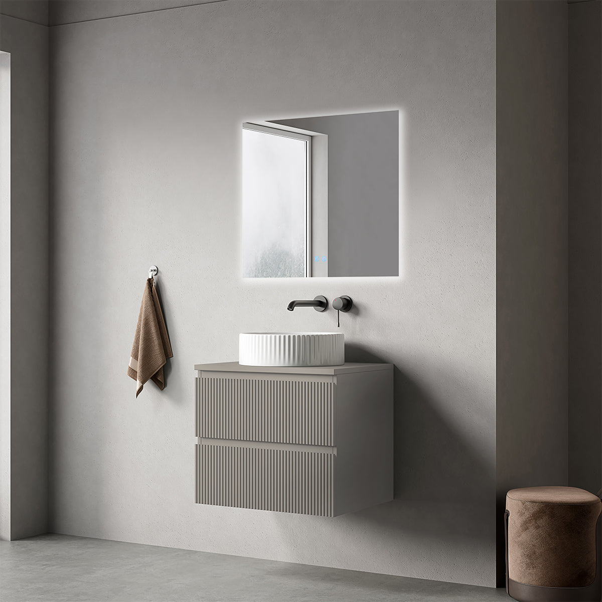 Mobile bagno sospeso cannettato 60 cm Grigio Cenere per Lavabo d'appoggio Specchio Quadro Retroilluminato - Fiji Paint Top Canneté