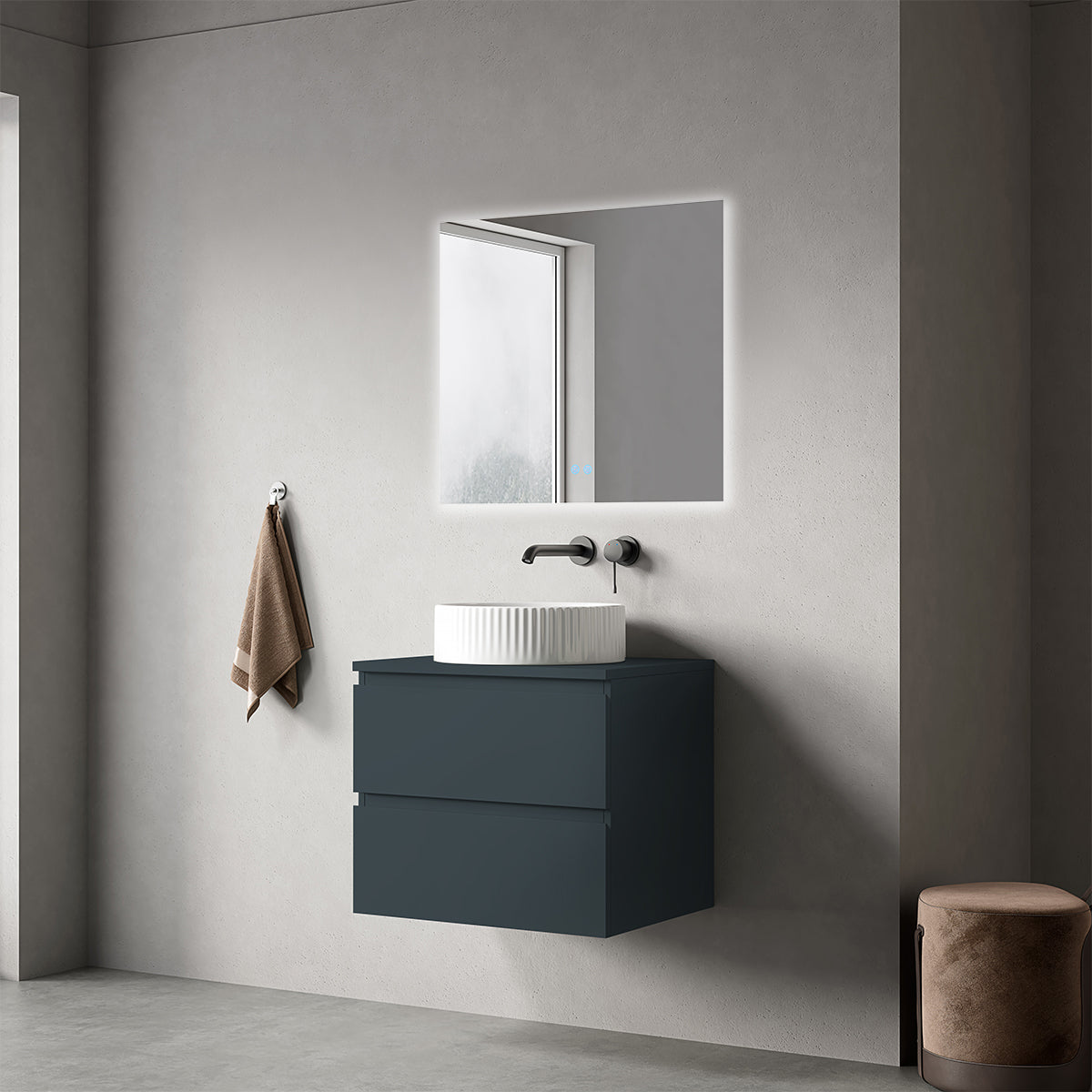 Mobile bagno sospeso 60 cm Blu Mare per Lavabo d'appoggio Specchio Quadro Retroilluminato - Fiji Paint Top