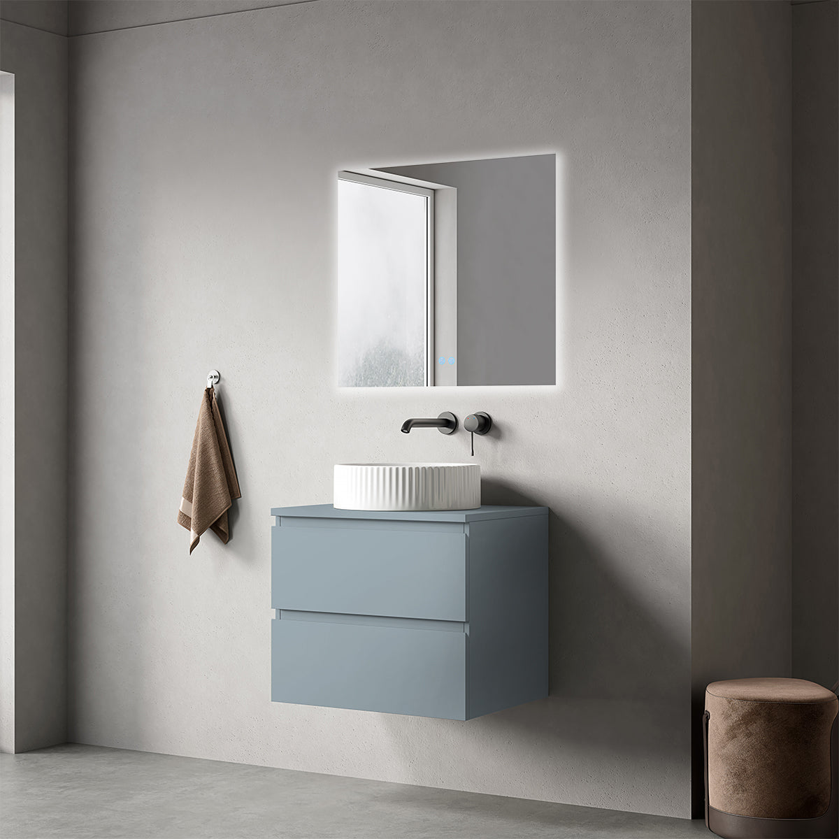 Mobile bagno sospeso 60 cm Blu Avio per Lavabo d'appoggio Specchio Quadro Retroilluminato - Fiji Paint Top