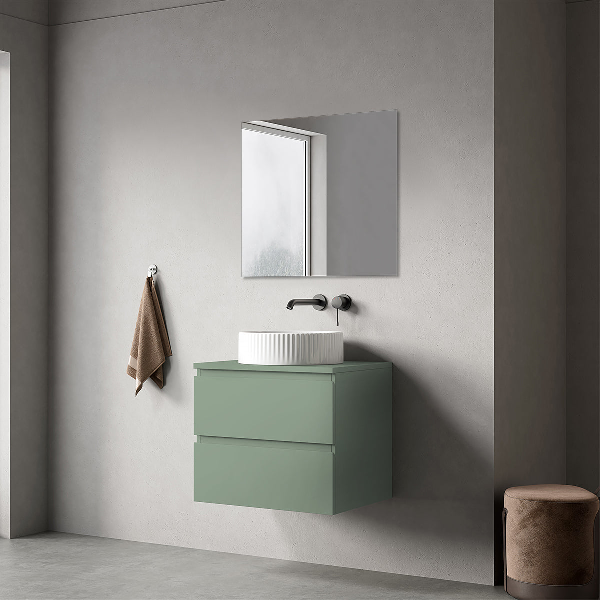 Mobile bagno sospeso 60 cm Verde Salvia per Lavabo d'appoggio Specchio Quadro - Fiji Paint Top