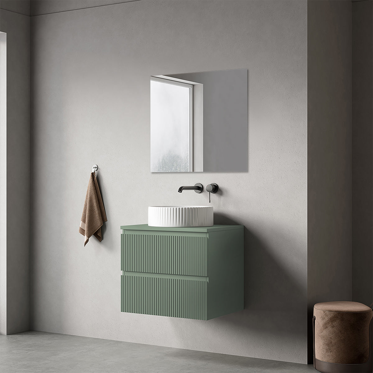 Mobile bagno sospeso cannettato 60 cm Verde Salvia per Lavabo d'appoggio Specchio Quadro - Fiji Paint Top Canneté
