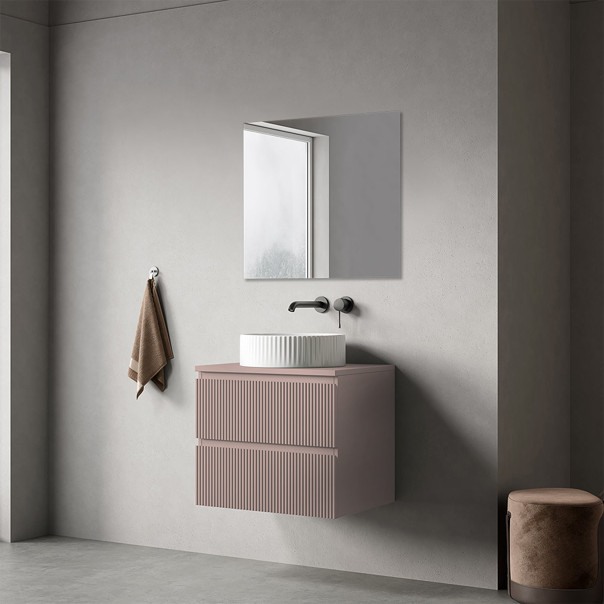 Mobile bagno sospeso cannettato 60 cm Rosa Retrò per Lavabo d'appoggio Specchio Quadro - Fiji Paint Top Canneté