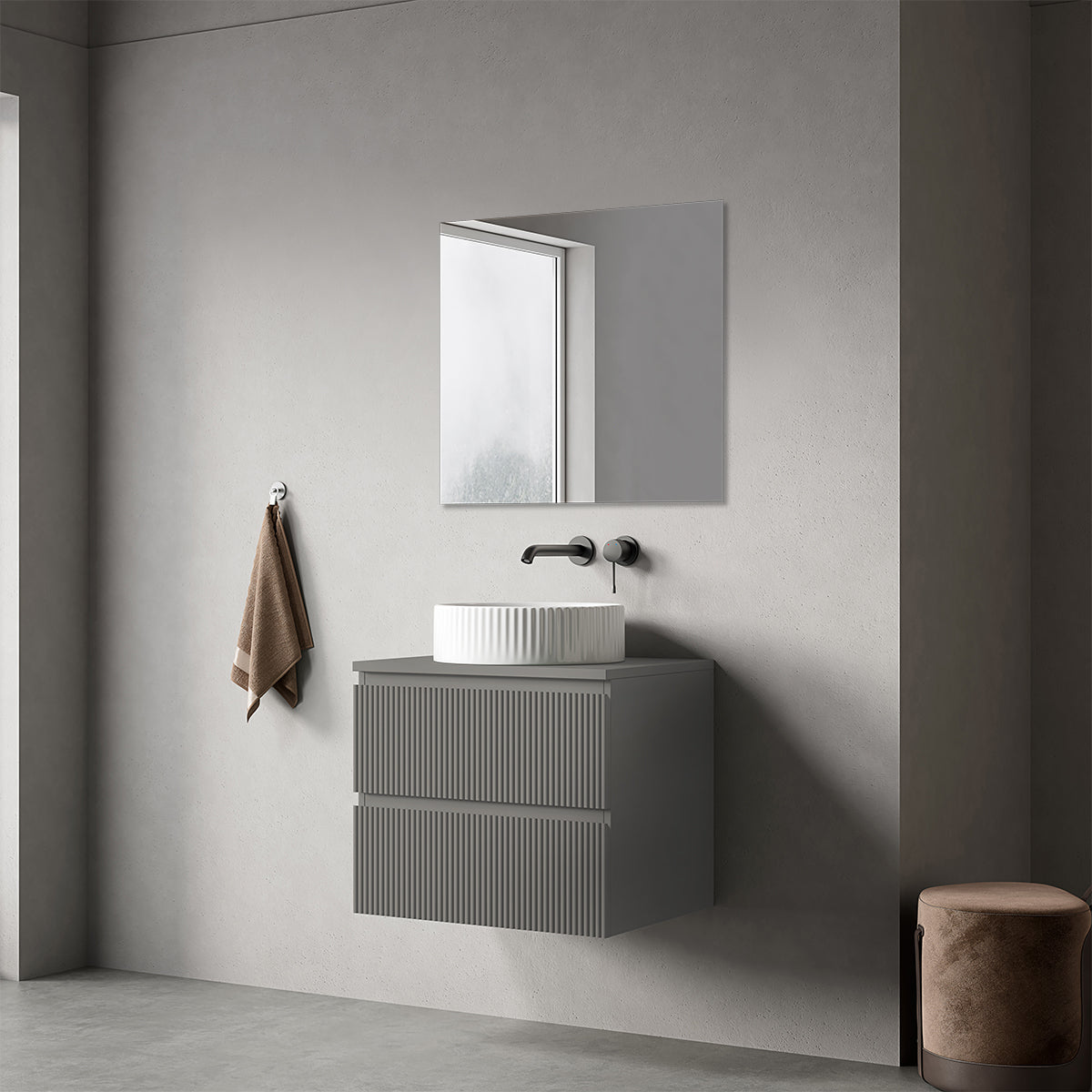 Mobile bagno sospeso cannettato 60 cm Grigio Londra per Lavabo d'appoggio Specchio Quadro - Fiji Paint Top Canneté