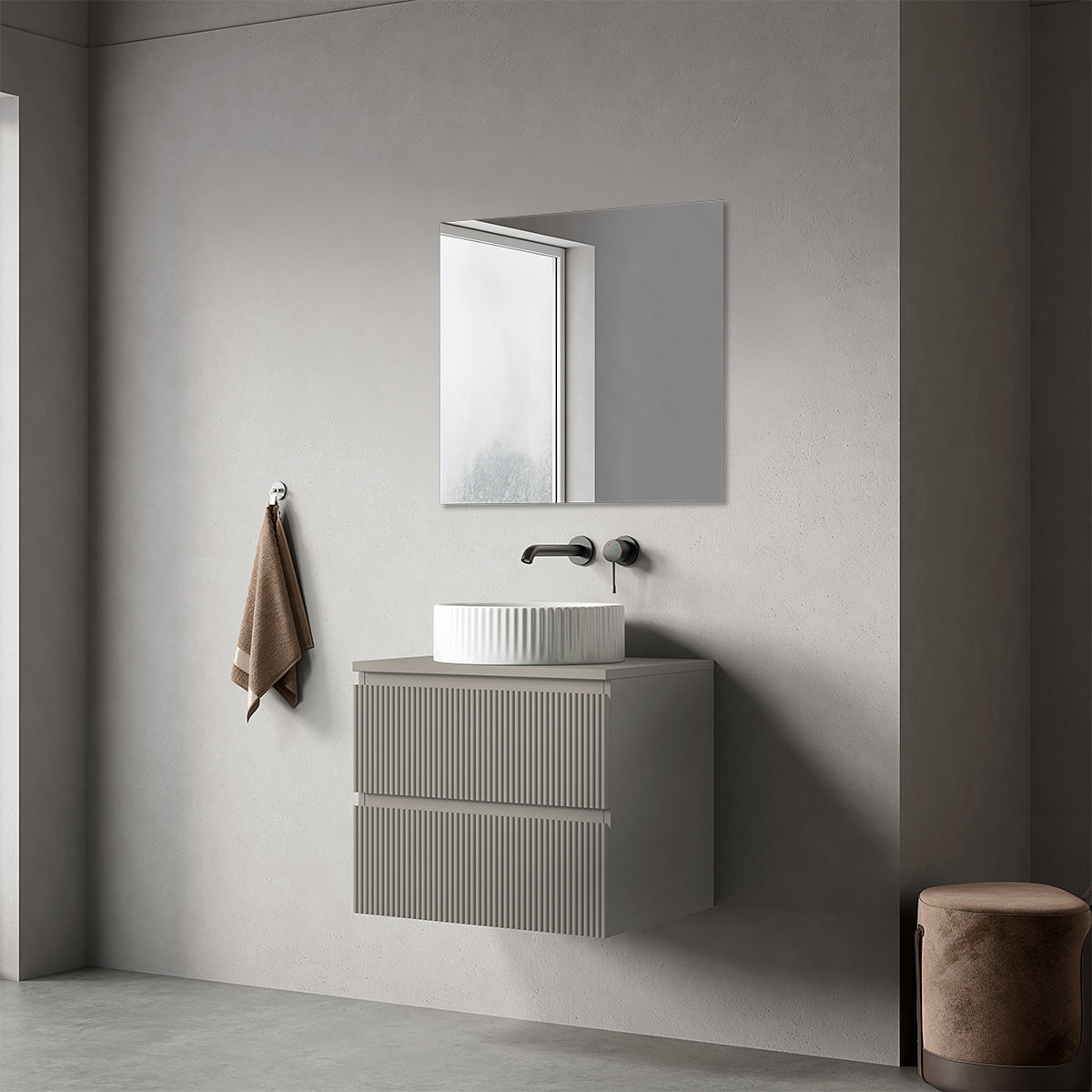 Mobile bagno sospeso cannettato 60 cm Grigio Cenere per Lavabo d'appoggio Specchio Quadro - Fiji Paint Top Canneté