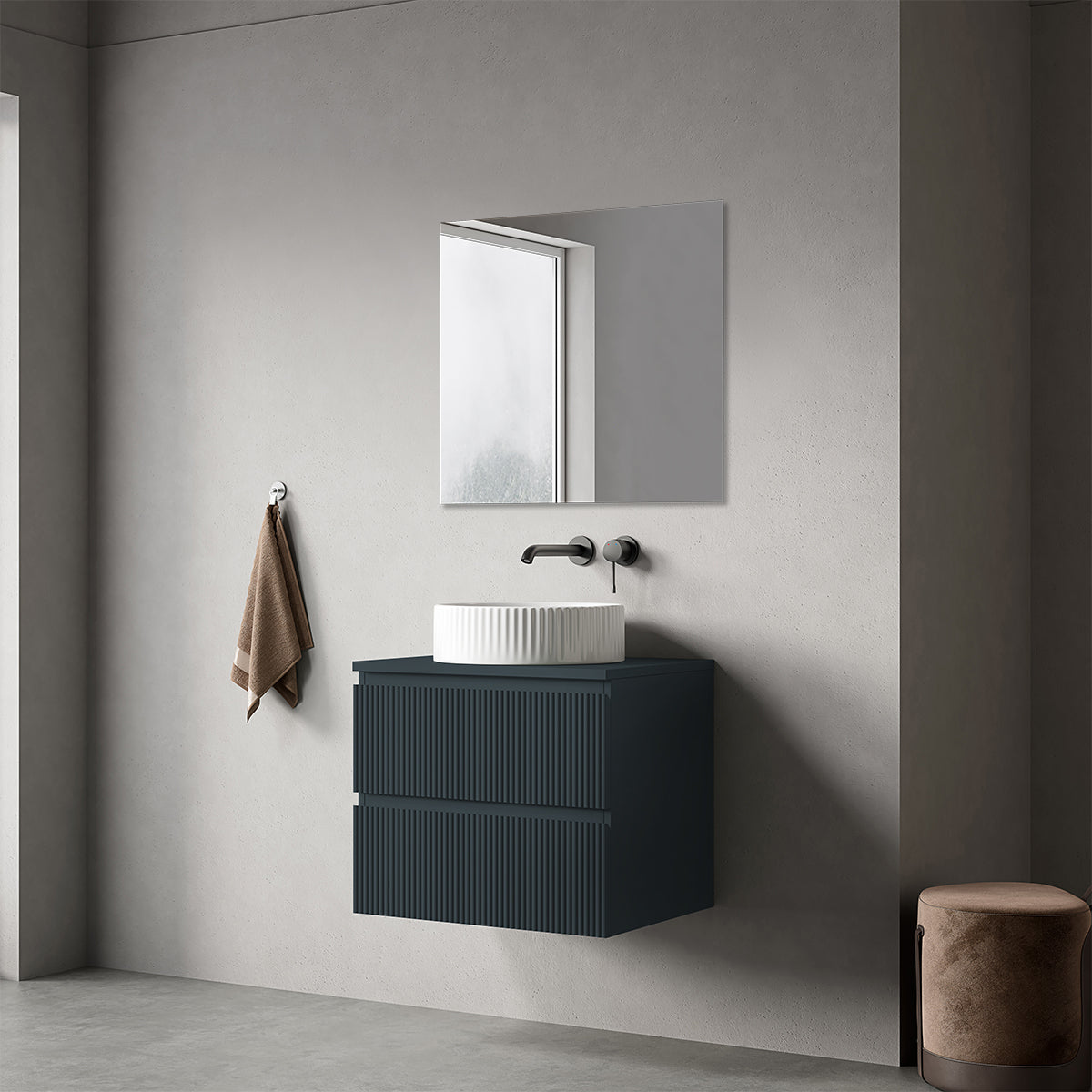 Mobile bagno sospeso cannettato 60 cm Blu Mare per Lavabo d'appoggio Specchio Quadro - Fiji Paint Top Canneté