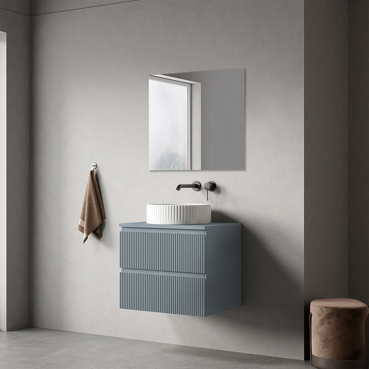 Mobile bagno sospeso cannettato 60 cm Blu Avio per Lavabo d'appoggio Specchio Quadro - Fiji Paint Top Canneté