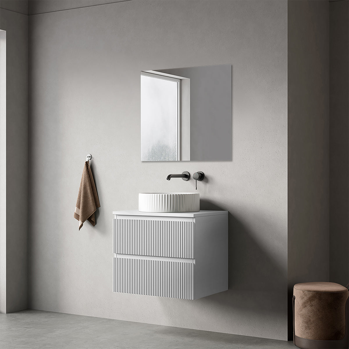 Mobile bagno sospeso cannettato 60 cm Bianco Opaco per Lavabo d'appoggio Specchio Quadro - Fiji Paint Top Canneté
