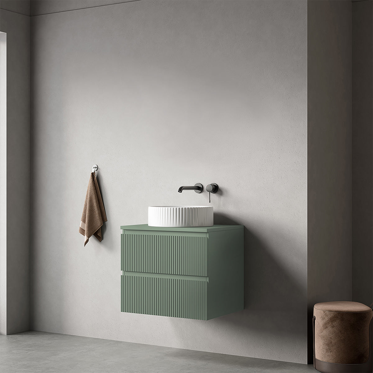 Mobile bagno sospeso cannettato 60 cm Verde Salvia per Lavabo d'appoggio Senza Specchio - Fiji Paint Top Canneté