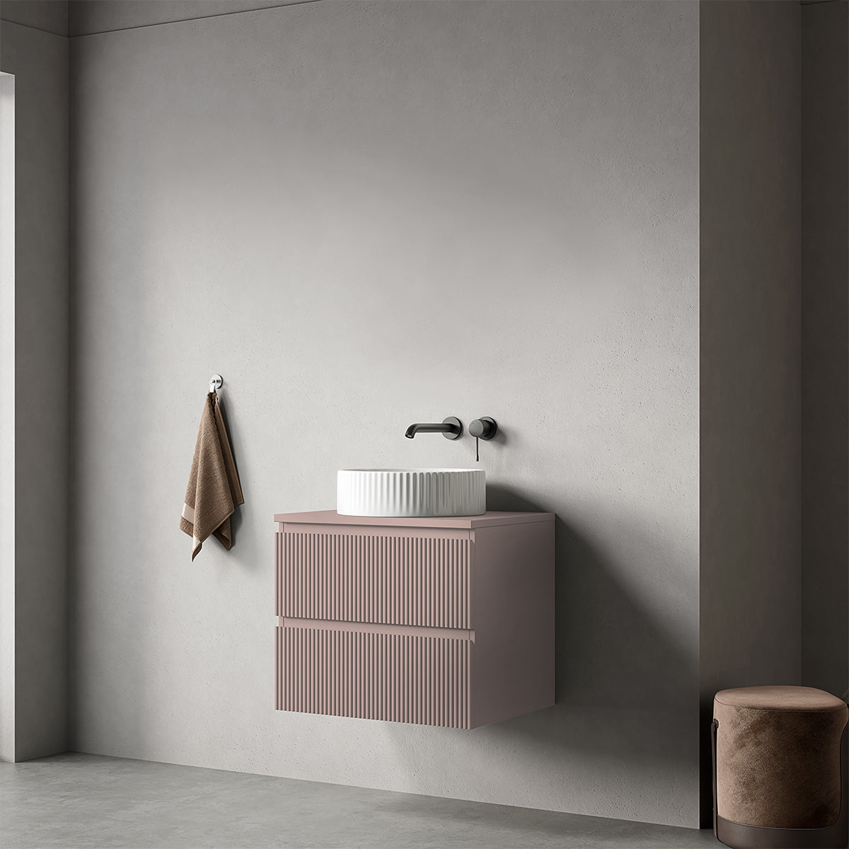 Mobile bagno sospeso cannettato 60 cm Rosa Retrò per Lavabo d'appoggio Senza Specchio - Fiji Paint Top Canneté