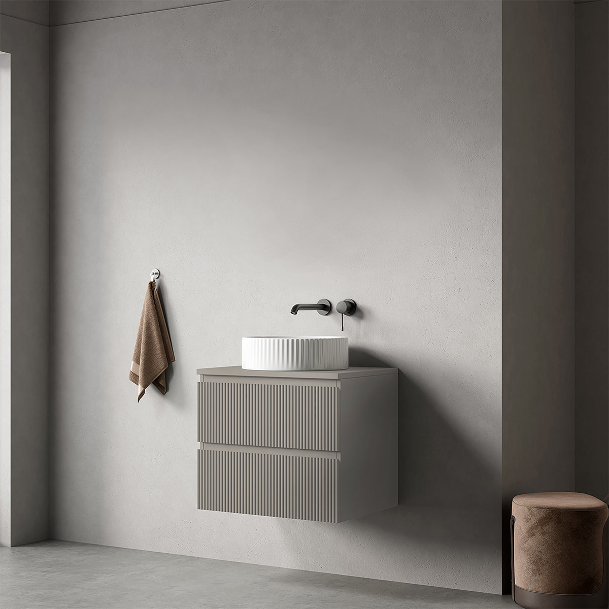 Mobile bagno sospeso cannettato 60 cm Grigio Cenere per Lavabo d'appoggio Senza Specchio - Fiji Paint Top Canneté