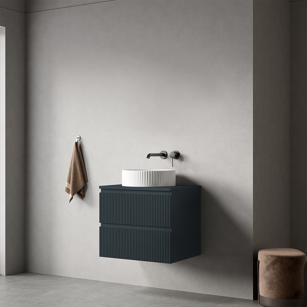 Mobile bagno sospeso cannettato 60 cm Blu Mare per Lavabo d'appoggio Senza Specchio - Fiji Paint Top Canneté