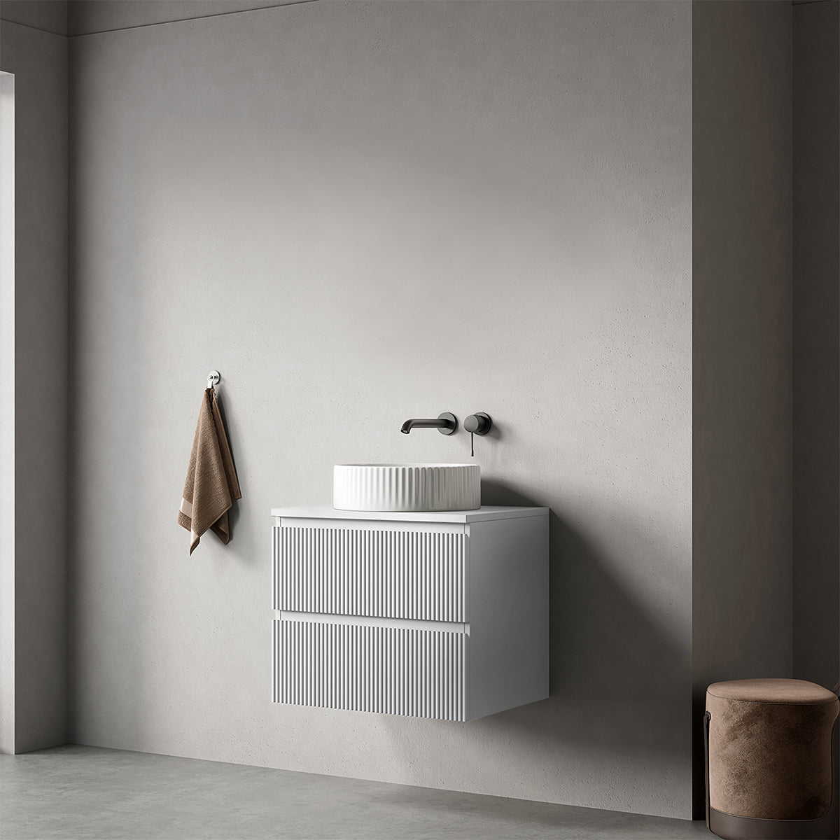 Mobile bagno sospeso cannettato 60 cm Bianco Opaco per Lavabo d'appoggio Senza Specchio - Fiji Paint Top Canneté
