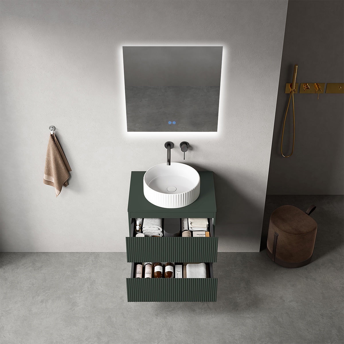 Mobile bagno sospeso cannettato 60 cm Verde Comodoro per Lavabo d'appoggio Specchio Quadro Retroilluminato - Fiji Paint Top Canneté