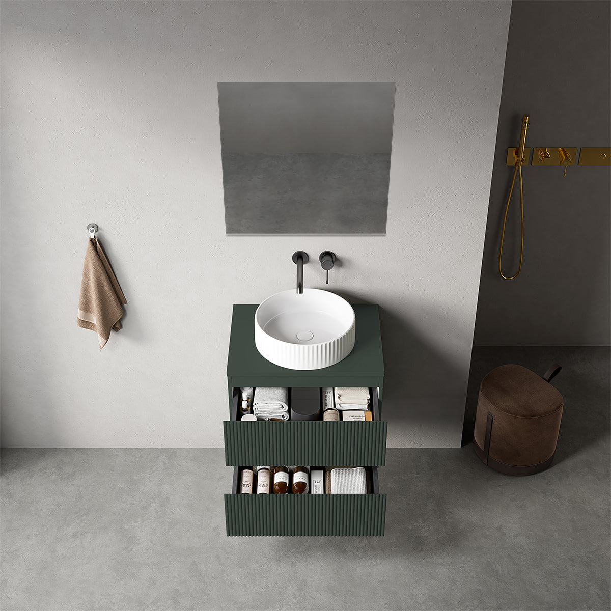Mobile bagno sospeso cannettato 60 cm Verde Comodoro per Lavabo d'appoggio Specchio Quadro - Fiji Paint Top Canneté