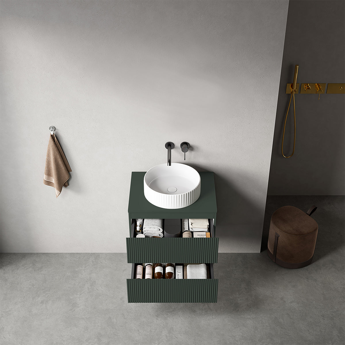 Mobile bagno sospeso cannettato 60 cm Verde Comodoro per Lavabo d'appoggio Senza Specchio - Fiji Paint Top Canneté