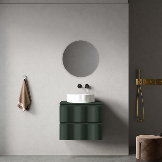 Mobile bagno sospeso cannettato 60 cm Verde Comodoro per Lavabo d'appoggio Specchio Tondo - Fiji Paint Top Canneté