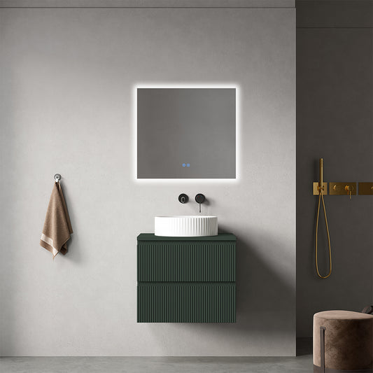 Mobile bagno sospeso cannettato 60 cm Verde Comodoro per Lavabo d'appoggio Specchio Quadro Retroilluminato - Fiji Paint Top Canneté
