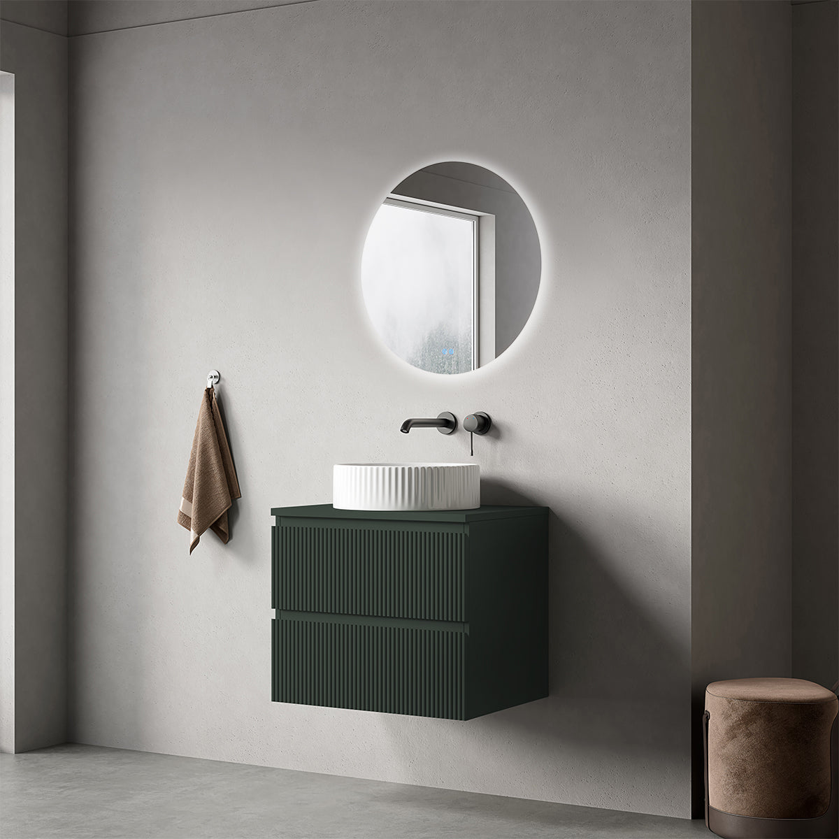 Mobile bagno sospeso cannettato 60 cm Verde Comodoro per Lavabo d'appoggio Specchio Tondo Retroilluminato - Fiji Paint Top Canneté