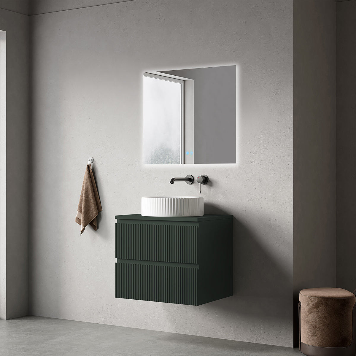 Mobile bagno sospeso cannettato 60 cm Verde Comodoro per Lavabo d'appoggio Specchio Quadro Retroilluminato - Fiji Paint Top Canneté