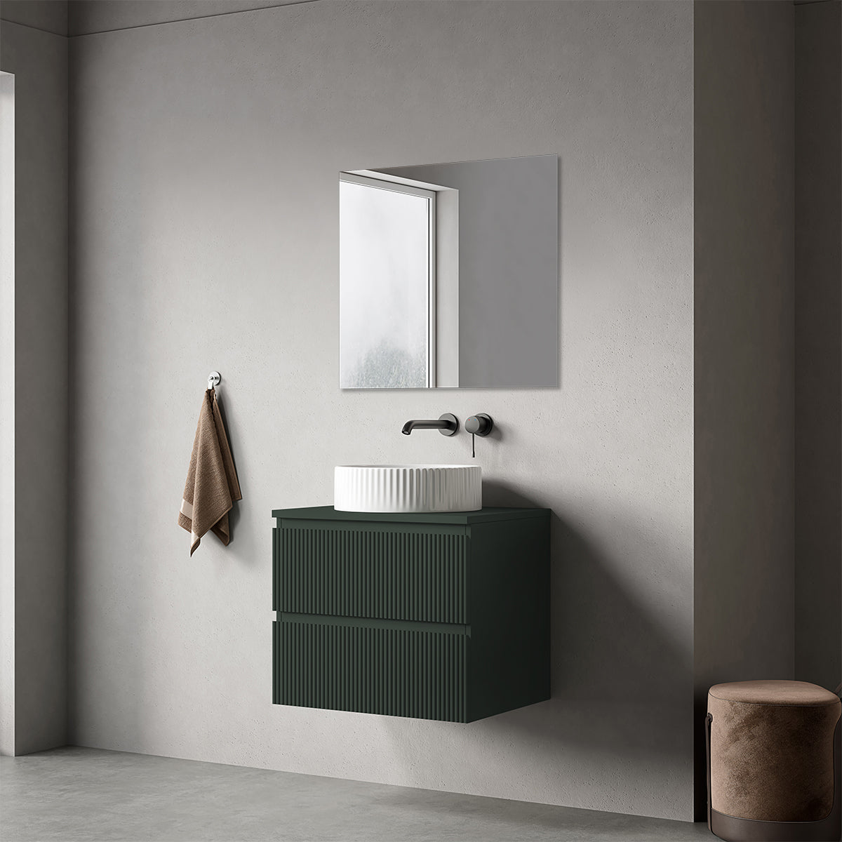 Mobile bagno sospeso cannettato 60 cm Verde Comodoro per Lavabo d'appoggio Specchio Quadro - Fiji Paint Top Canneté
