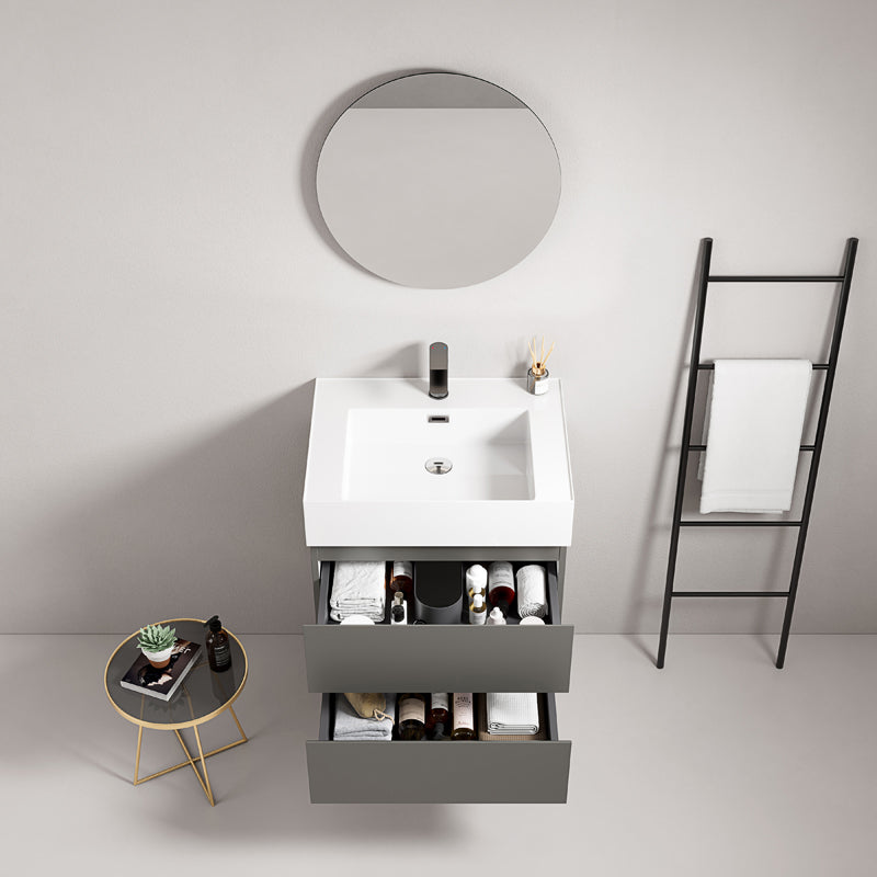 60cm London Grey Wall-Hung Bathroom Cabinet Resin Sink Round Mirror - Fiji Paint