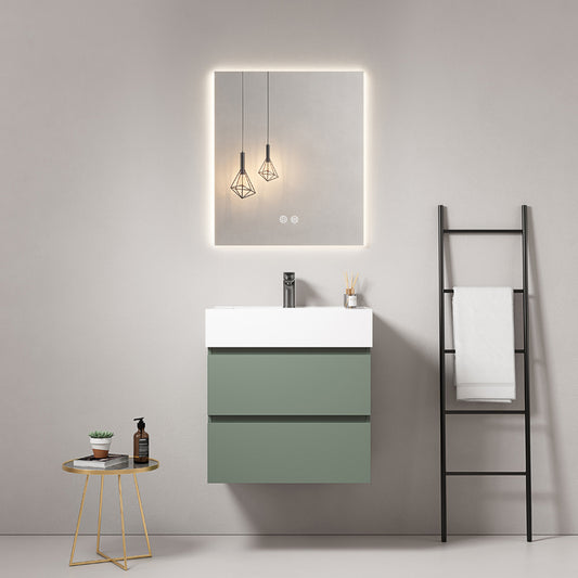 60cm Sage Green Wall-Hung Bathroom Cabinet Resin Sink Backlit Mirror - Fiji Paint